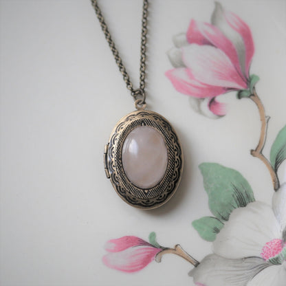 Pink Oval Stone Locket in Rose Quartz or Rhodonite