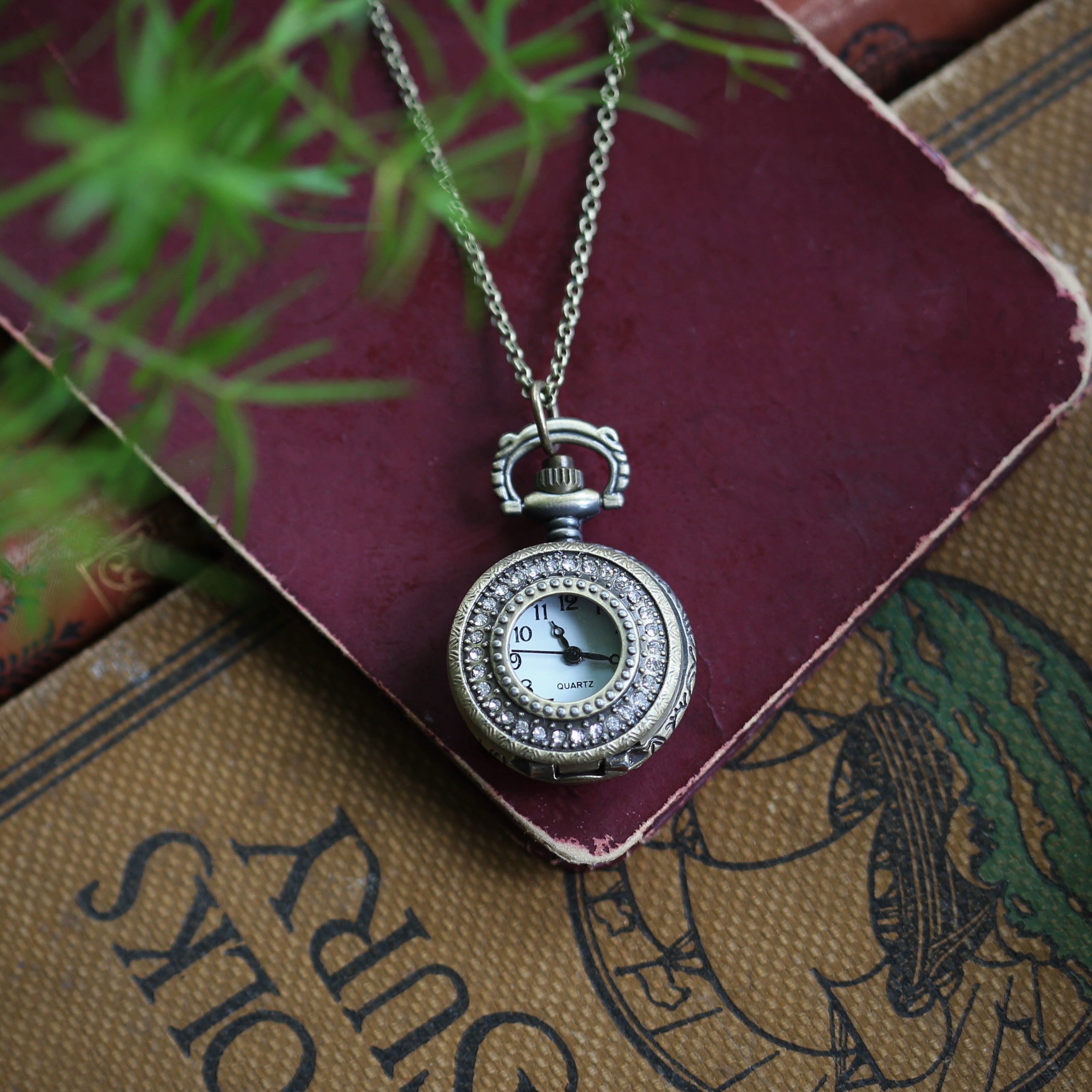 Glass Prism or Rhinestones Pocket Watch Necklaces