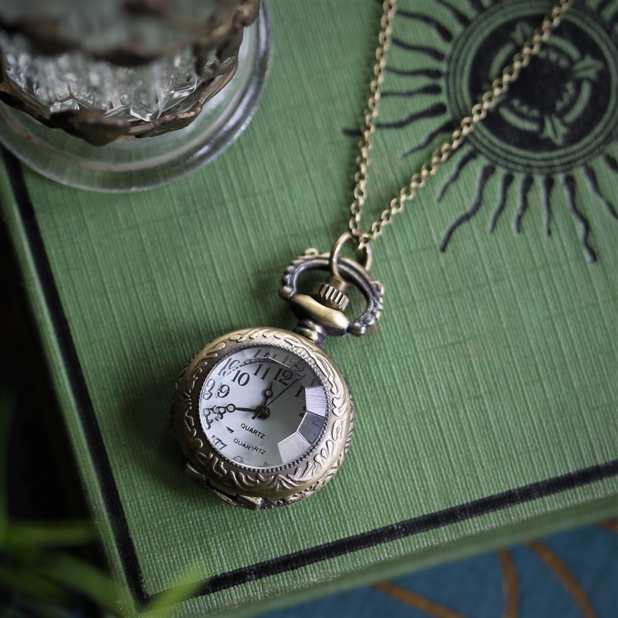 Glass Prism or Rhinestones Pocket Watch Necklaces