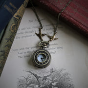 Stars and Pinwheels Battery Operated Pocket Watch Necklace in Antiqued Brass