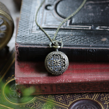 Flower Lattice Brass Pocket Watch Necklace