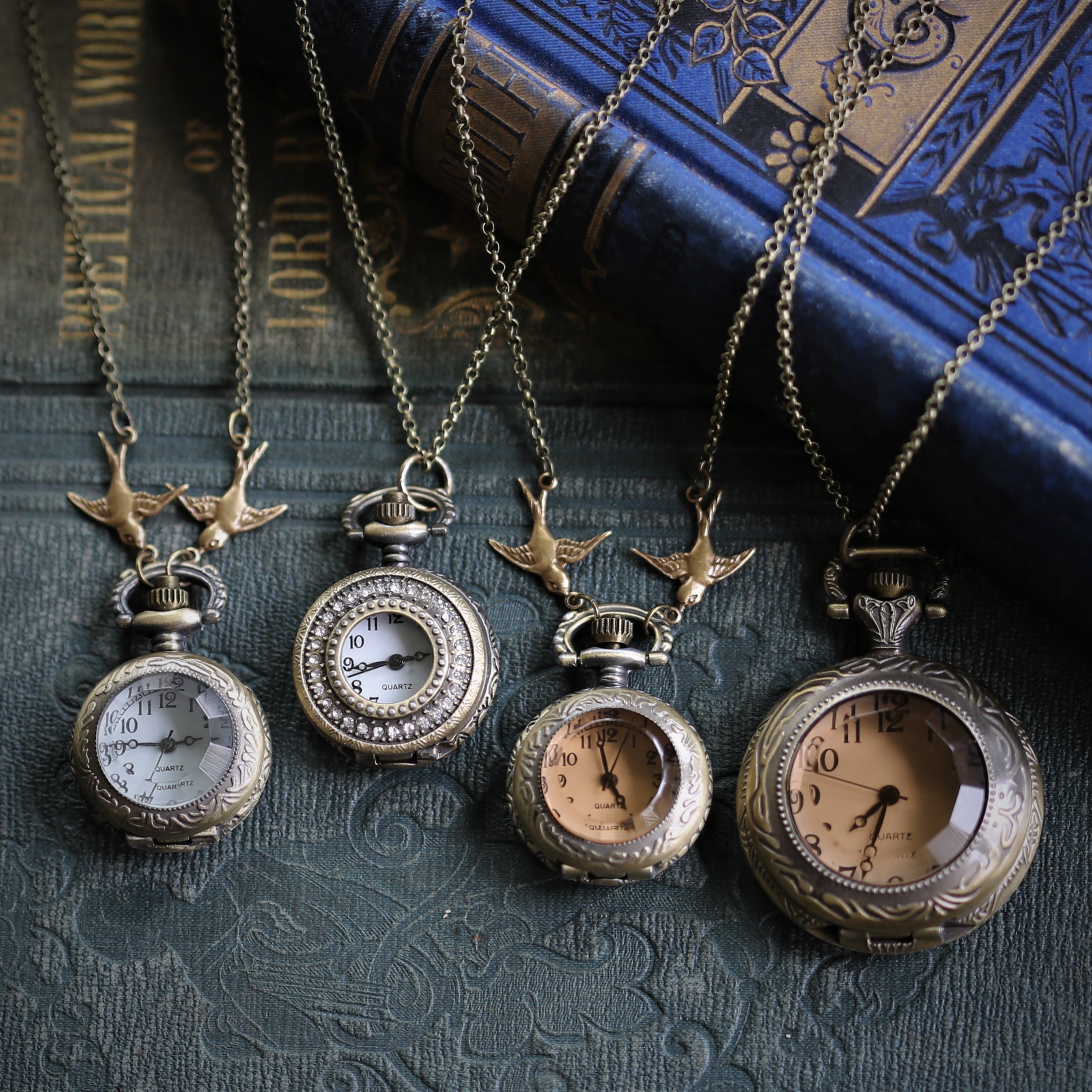 Glass Prism or Rhinestones Pocket Watch Necklace: Four styles