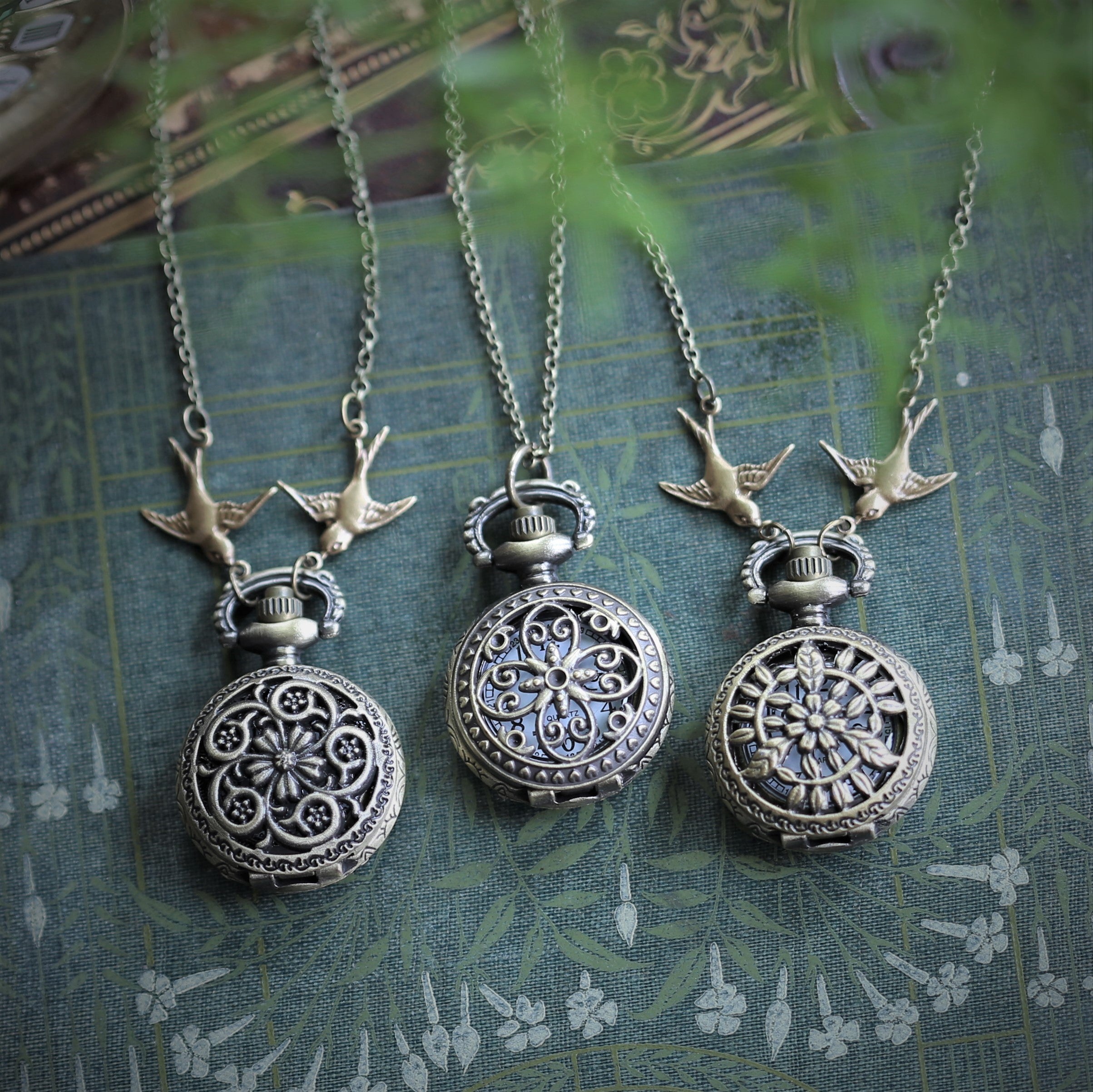 Flower Lattice Brass Battery Operated Pocket Watch Necklaces