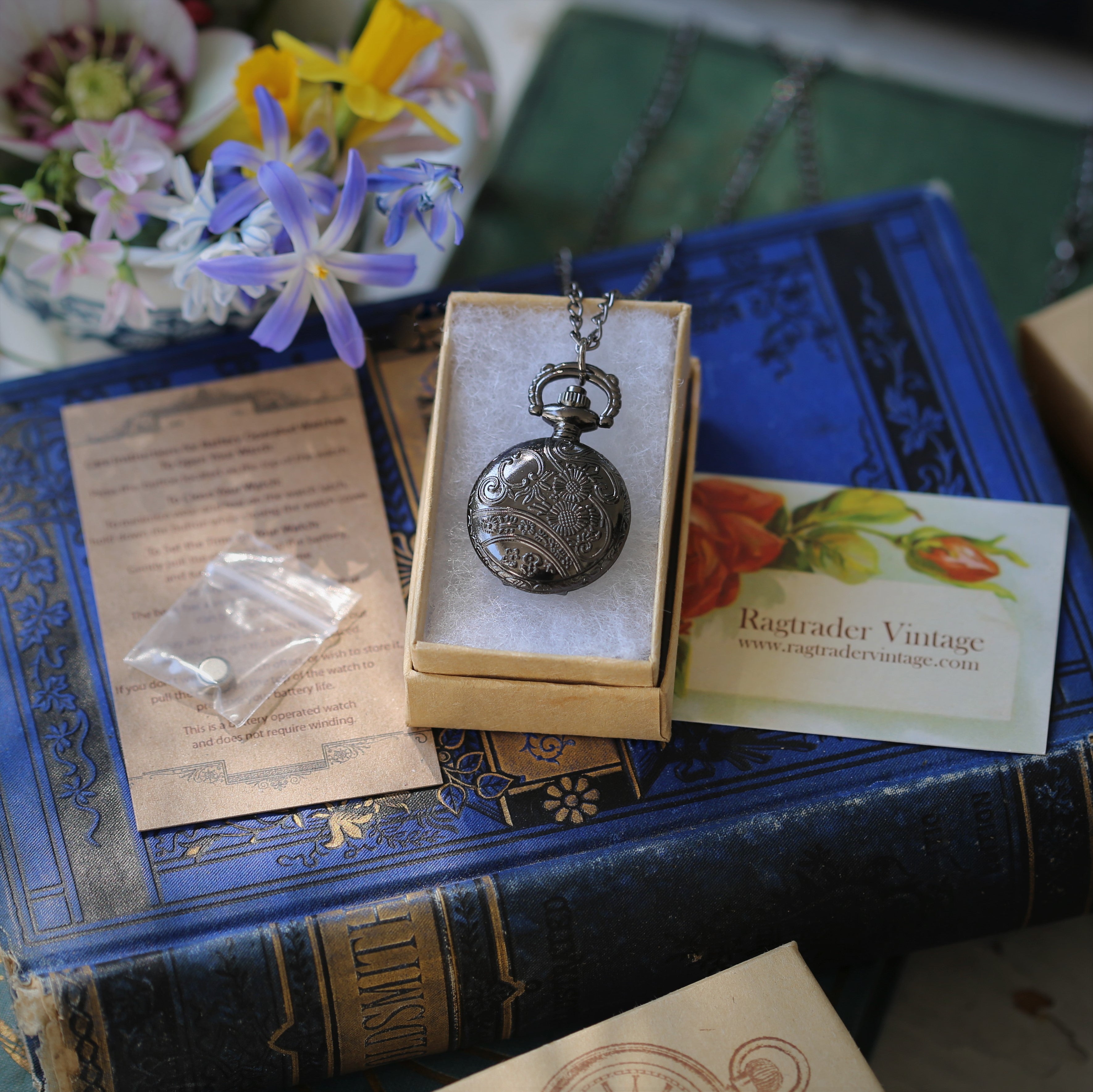 Black Gunmetal Rose Pocket Watch Necklace