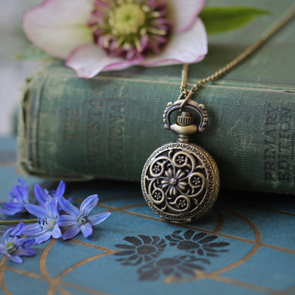 Flower Lattice Brass Pocket Watch Necklace