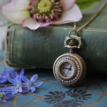 Glass Prism or Rhinestones Pocket Watch Necklaces