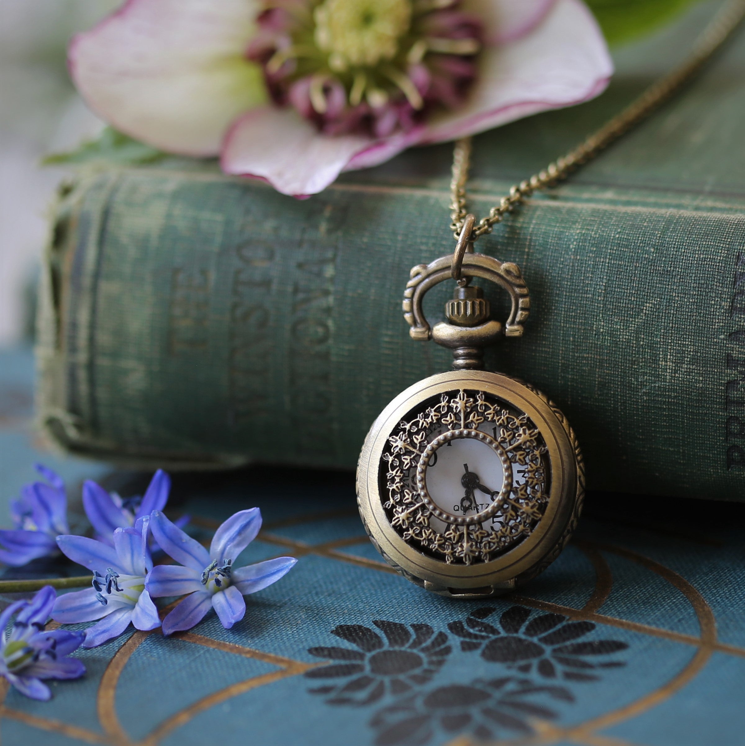 Vintage Scrollwork Style Pocket Watch Necklace in Brass