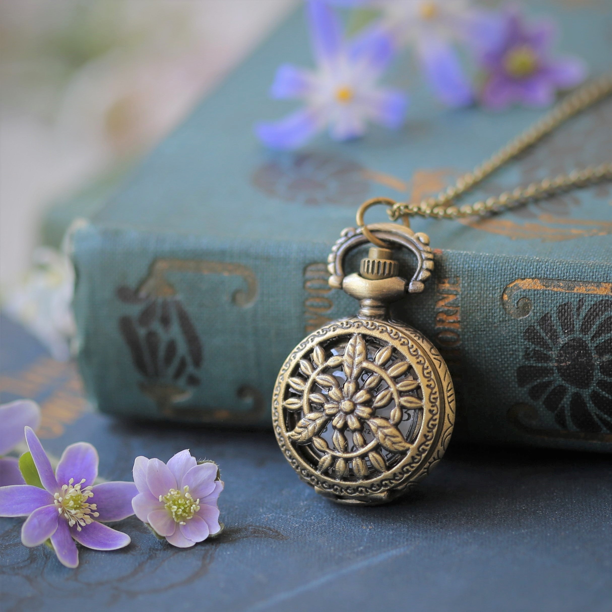 Flower Lattice Brass Pocket Watch Necklace