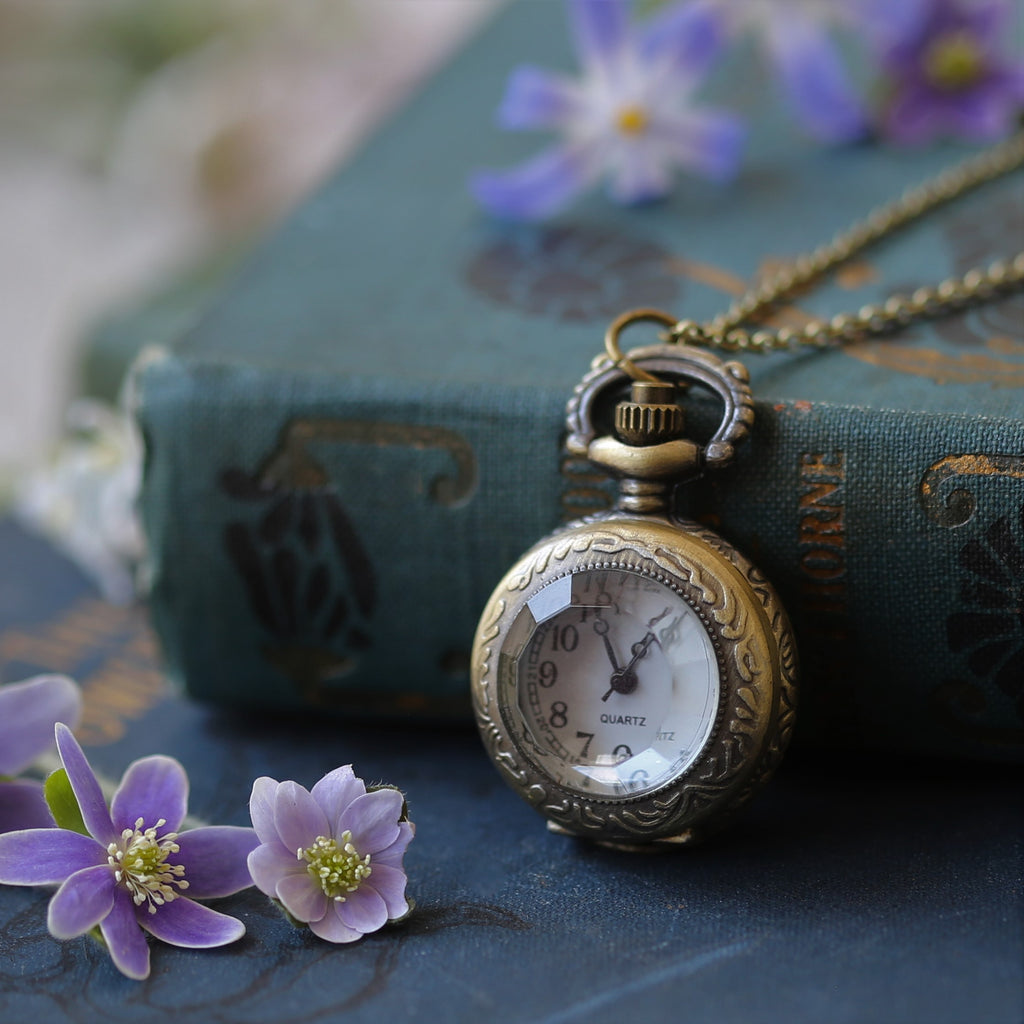 Glass Prism or Rhinestones Pocket Watch Necklace: Four styles