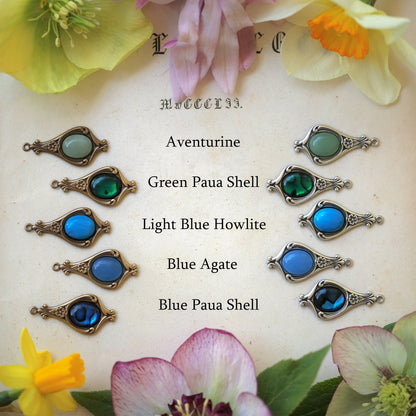 Elegant Victorian Green or Blue Stone Necklace with Dragonflies in Antiqued Silver or Antiqued Brass Choose a Stone or Shell