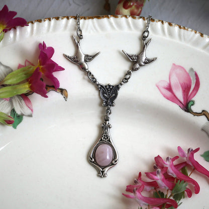 Victorian Necklace with Birds.  Choose a Stone or Shell in Pink Purple or White.