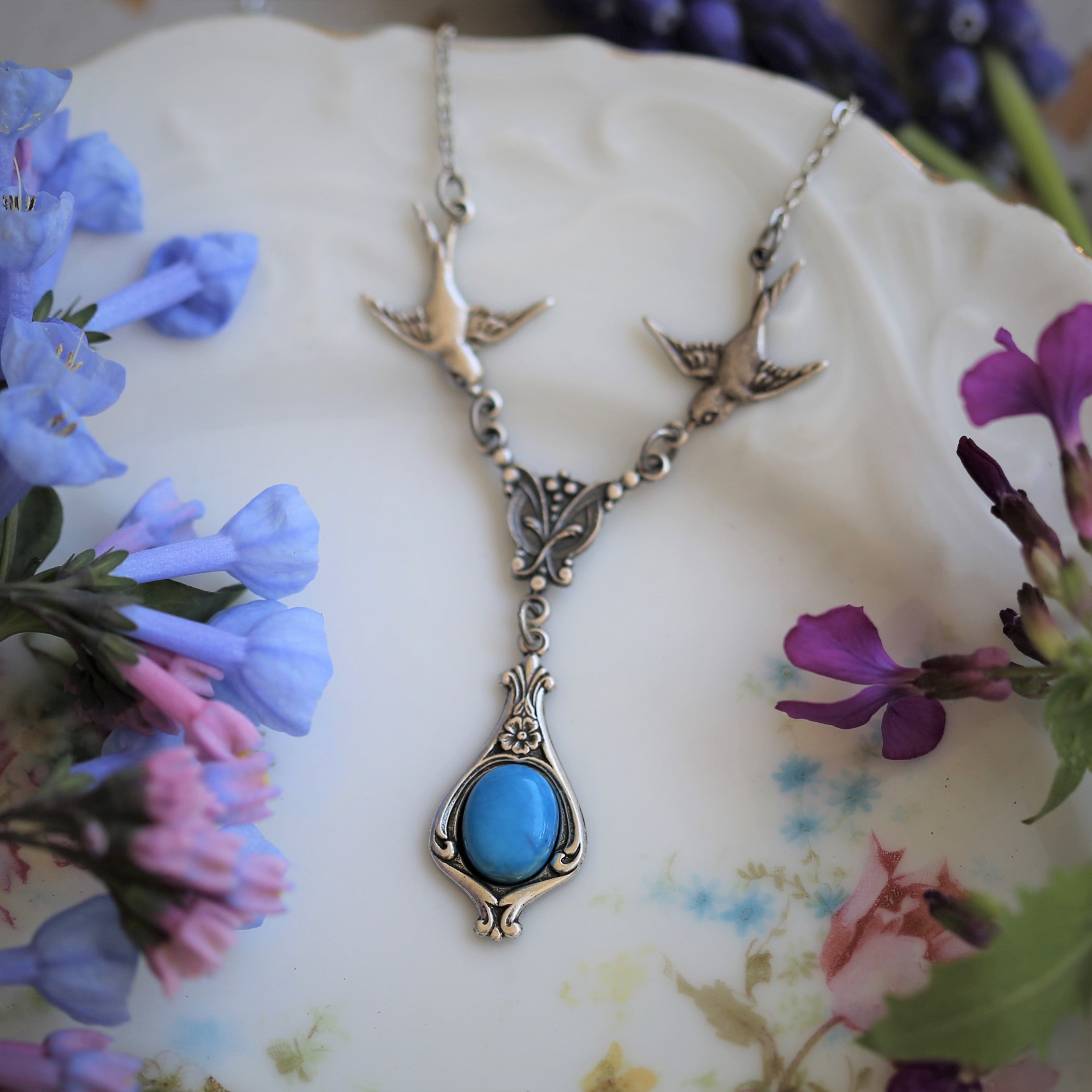 Elegant Green or Blue Stone or Shell Necklace with Birds in Antiqued Silver or Brass