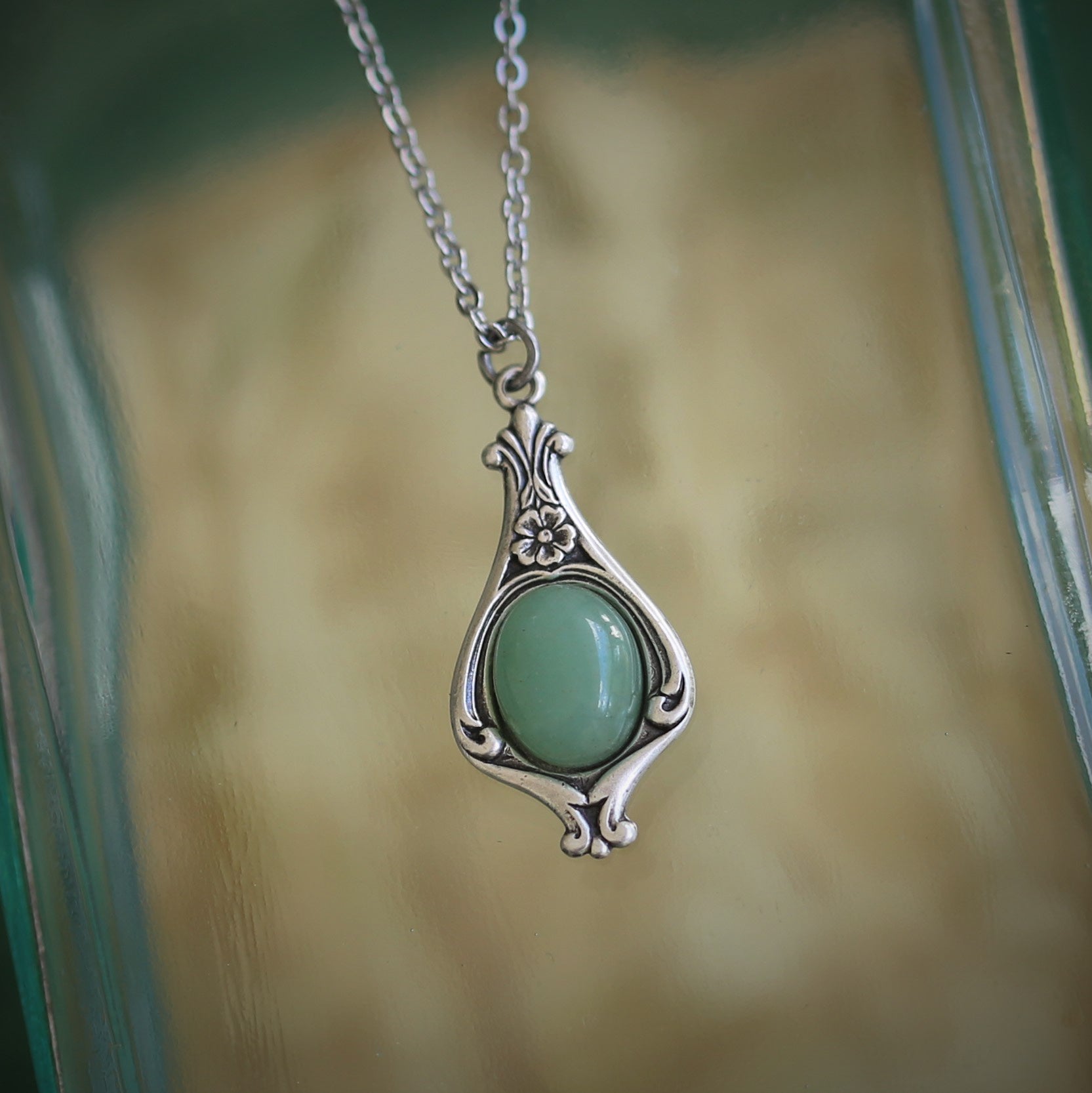 Small Victorian Stone Necklace in Antiqued Silver or Brass