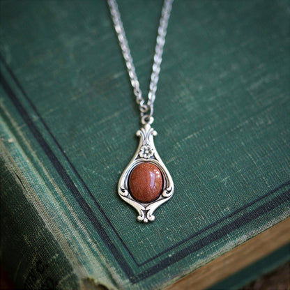 Small Victorian Stone Necklace in Antiqued Silver or Brass