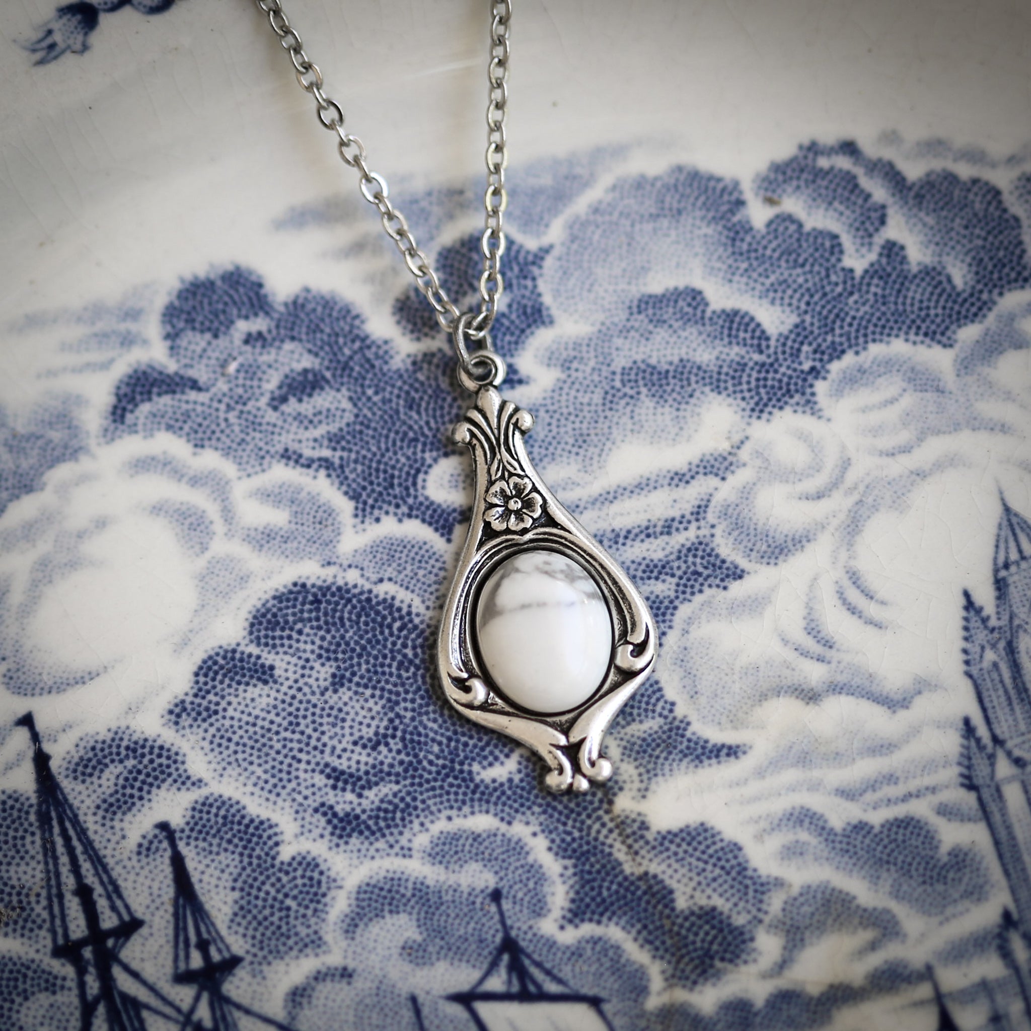 Small Victorian Stone Necklace in Antiqued Silver or Brass