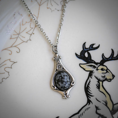 Small Victorian Stone Necklace in Antiqued Silver or Brass