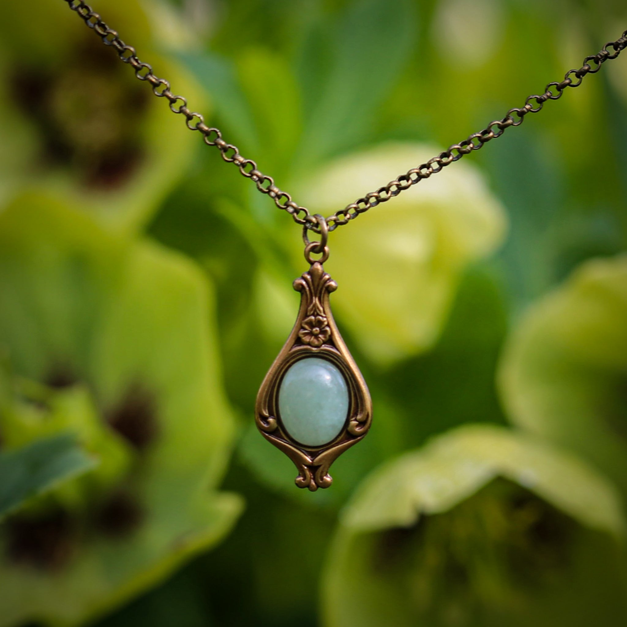 Small Victorian Stone Necklace in Antiqued Silver or Brass