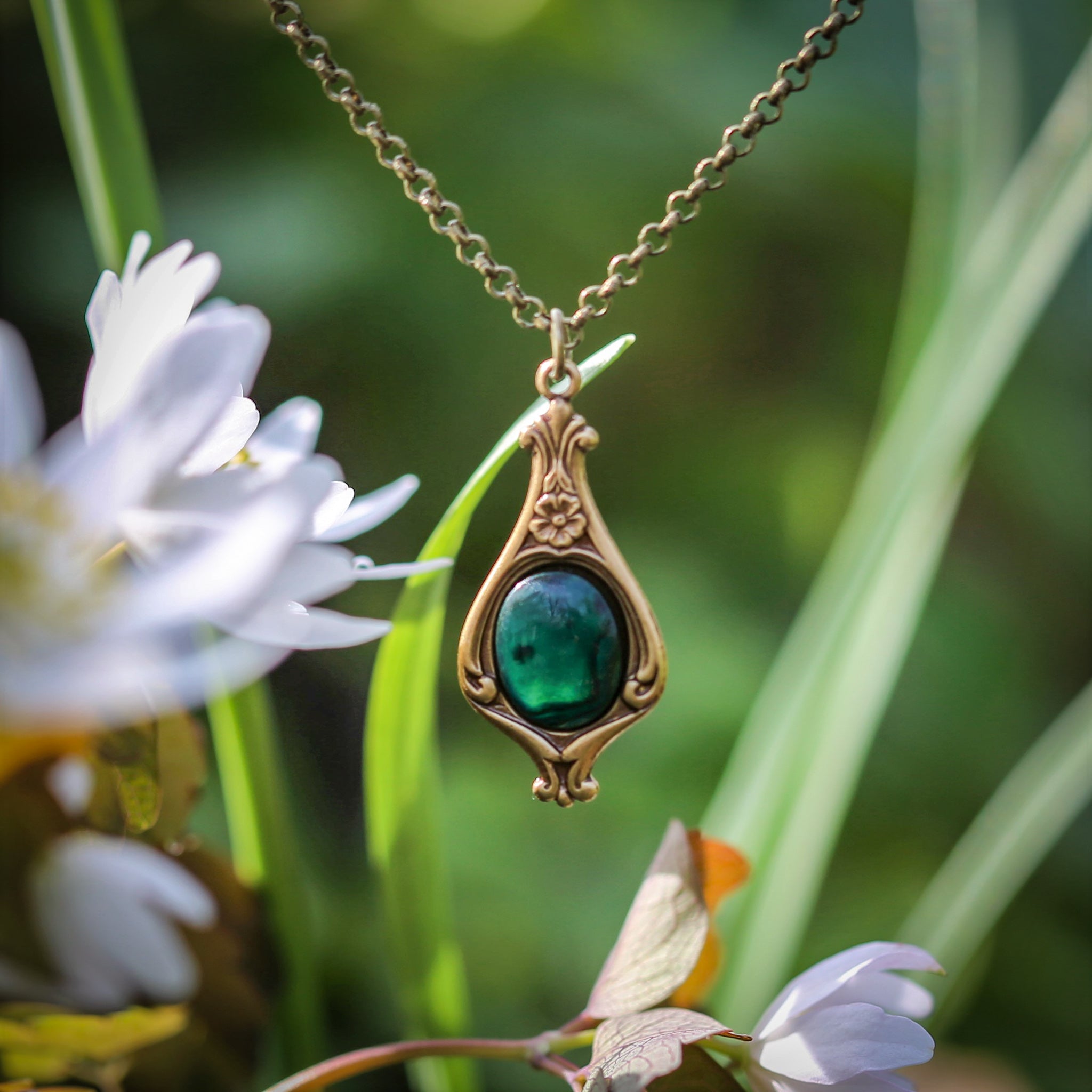 Small Victorian Stone Necklace in Antiqued Silver or Brass