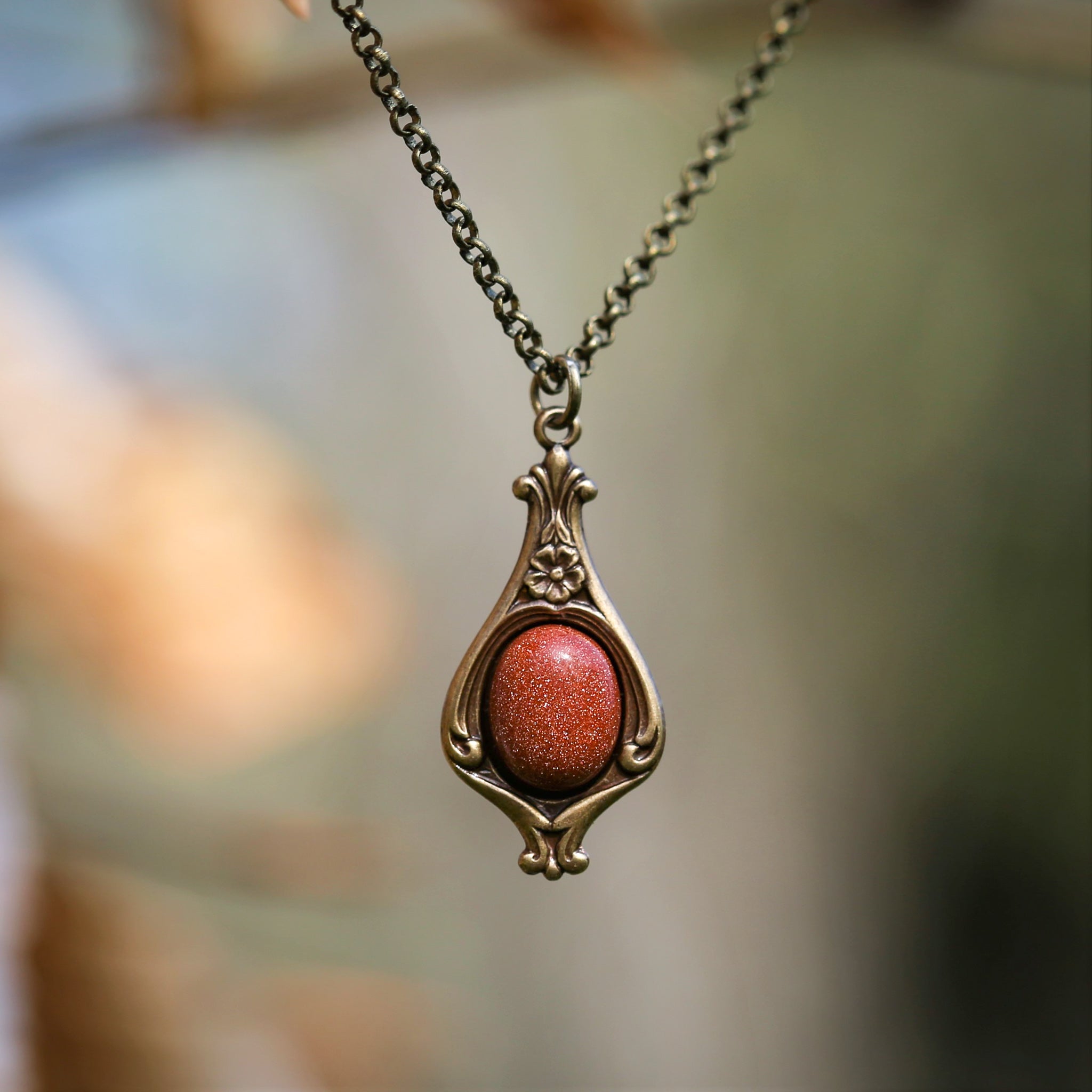 Small Victorian Stone Necklace in Antiqued Silver or Brass