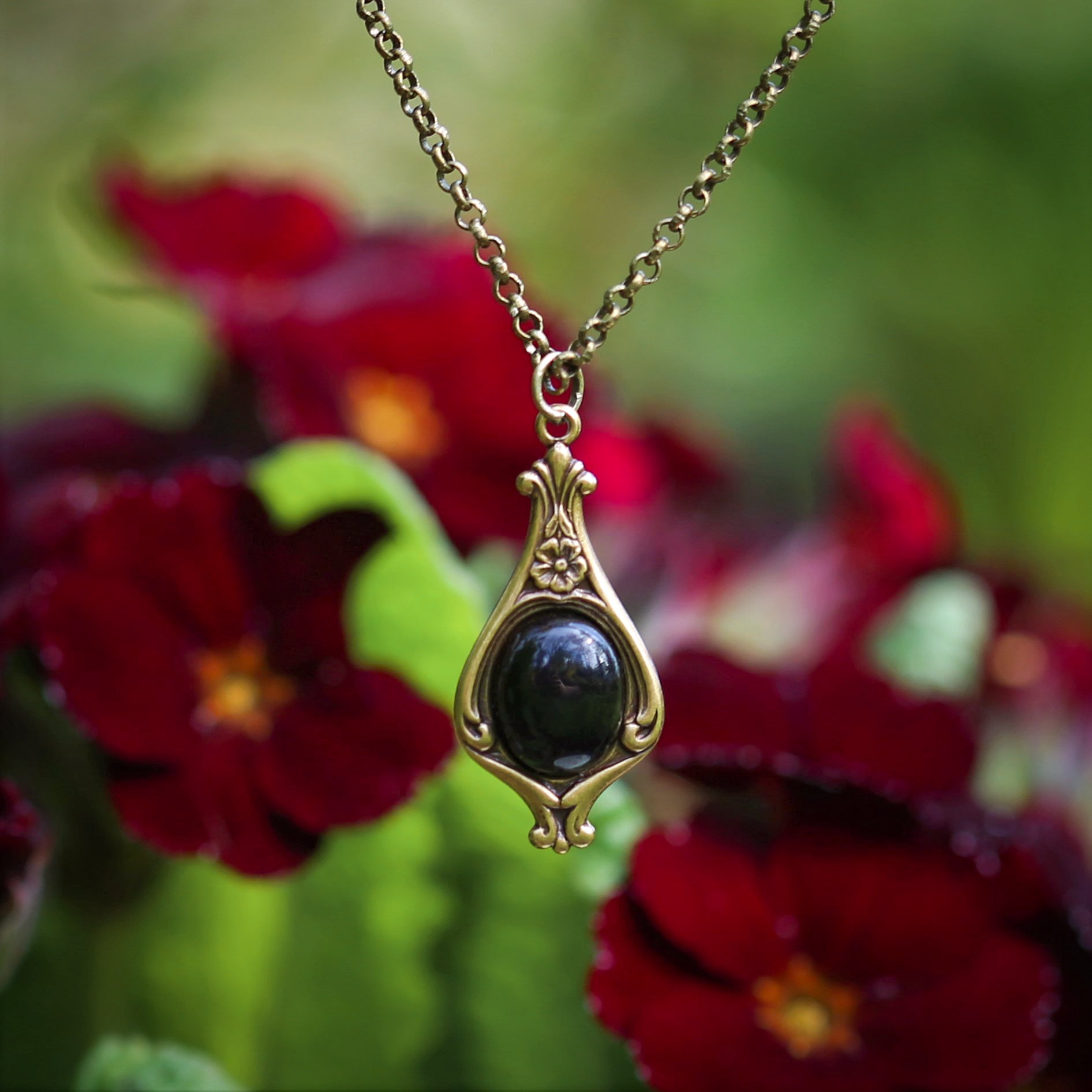 Small Victorian Stone Necklace in Antiqued Silver or Brass