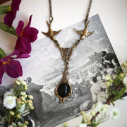 Victorian Stone Necklace with Birds Black, Brown, Yellow or Gray Stone/Shells