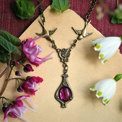 Victorian Necklace with Birds.  Choose a Stone or Shell in Pink Purple or White.