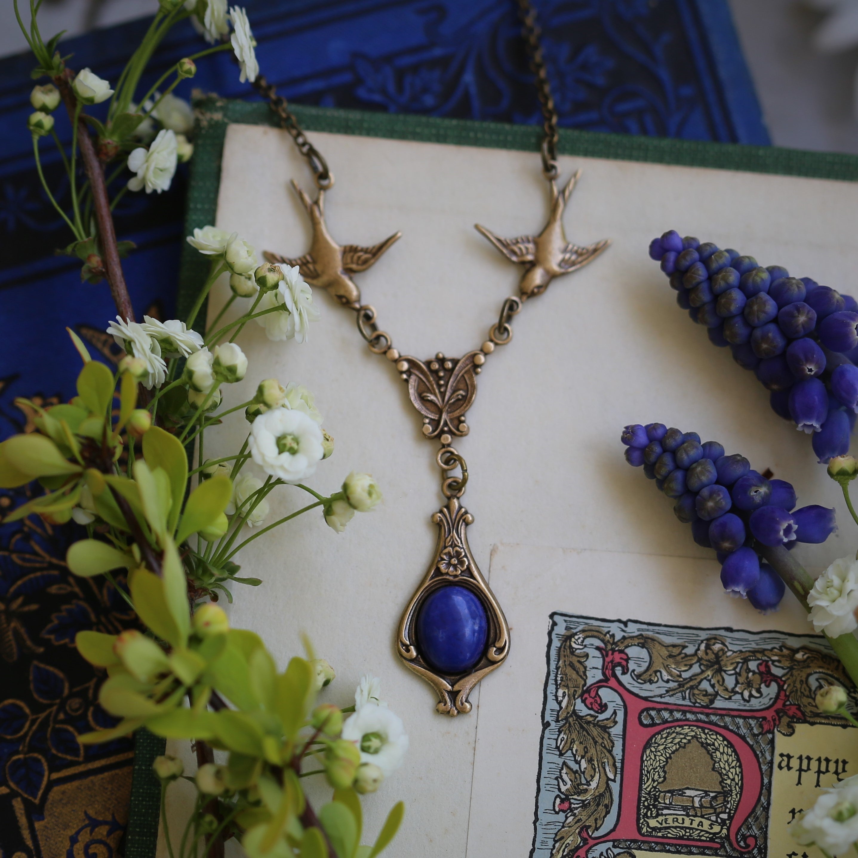 Victorian Necklace with Birds.  Choose a Stone or Shell in Pink Purple or White.