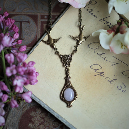 Victorian Necklace with Birds.  Choose a Stone or Shell in Pink Purple or White.