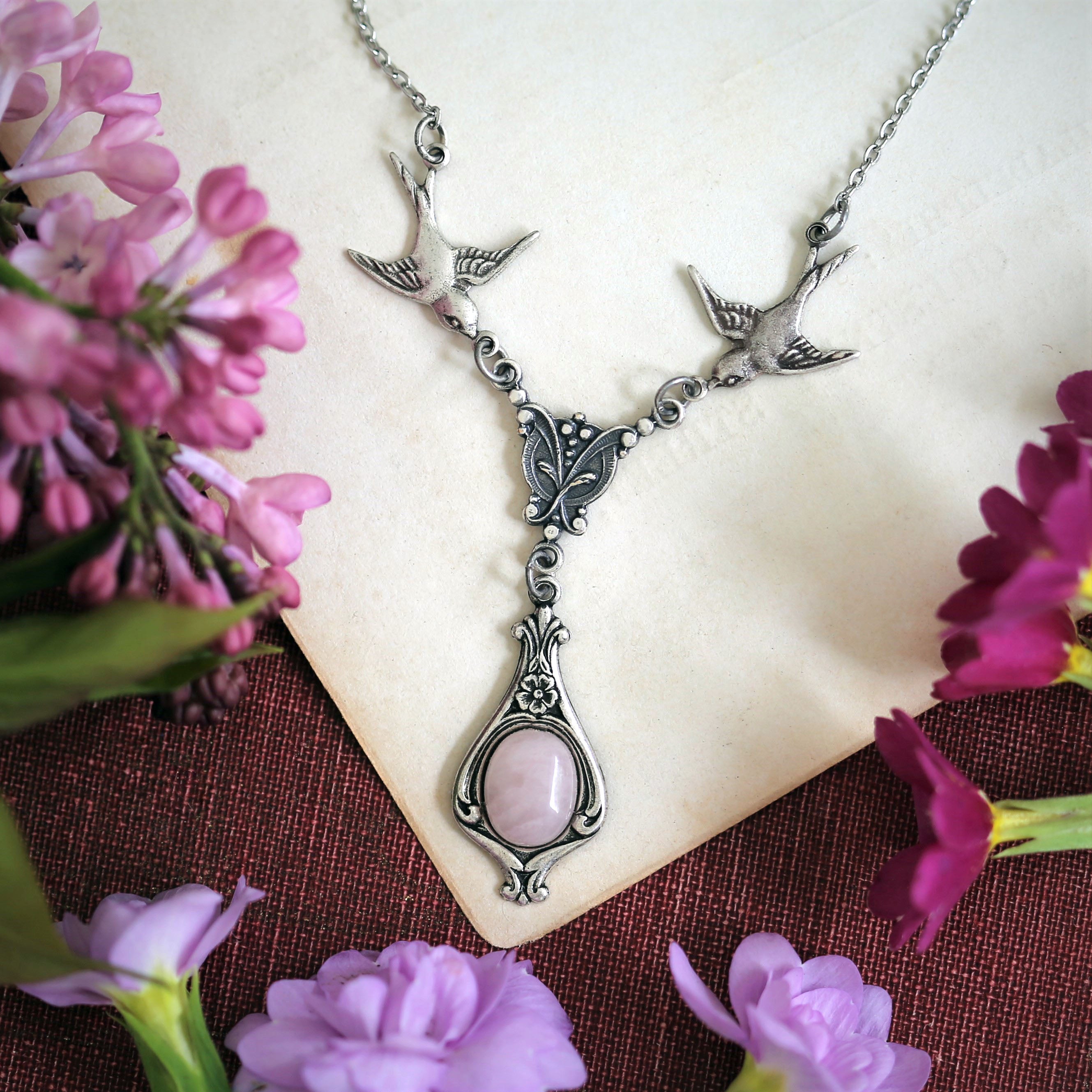 Victorian Necklace with Birds.  Choose a Stone or Shell in Pink Purple or White.