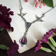Victorian Necklace with Birds.  Choose a Stone or Shell in Pink Purple or White.