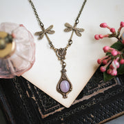 Pink and Purple Stone or Shell Antiqued Dragonfly Necklace