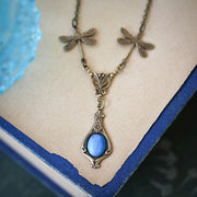 Elegant Victorian Green or Blue Stone Necklace with Dragonflies in Antiqued Silver or Antiqued Brass Choose a Stone or Shell