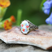 Vintage Floral Cameo Adjustable Ring on Silver or Brass Setting