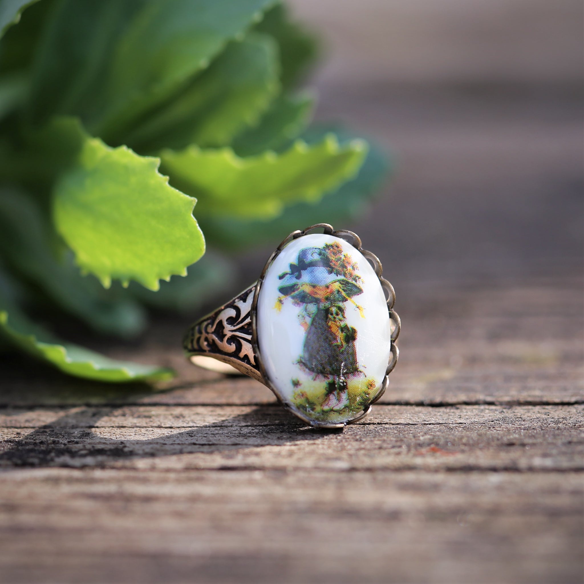 Vintage Girl Holly Hobbie Cameo Adjustable Rings in Antiqued Silver or Brass - Choose A Style