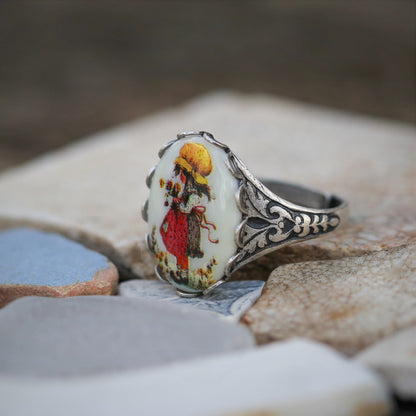 Vintage Girl Holly Hobbie Cameo Adjustable Rings in Antiqued Silver or Brass - Choose A Style