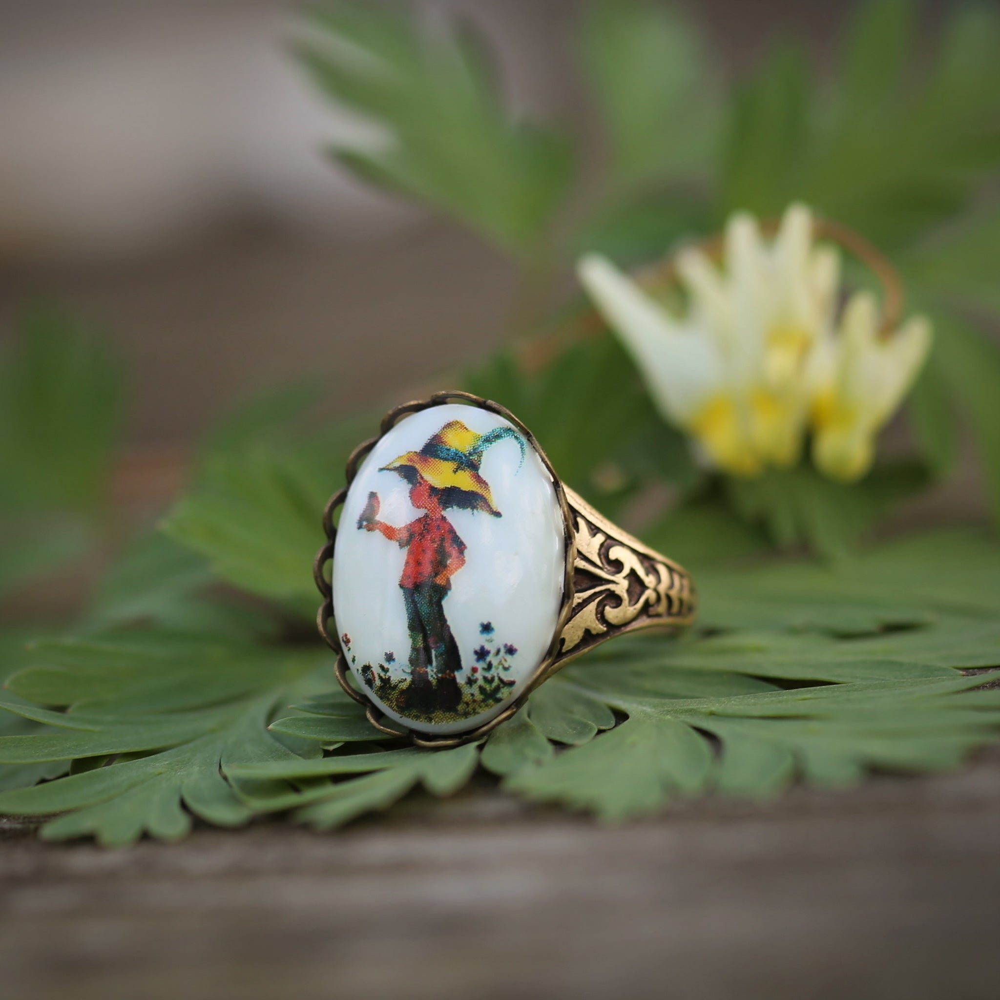 Vintage Girl Holly Hobbie Cameo Adjustable Rings in Antiqued Silver or Brass - Choose A Style