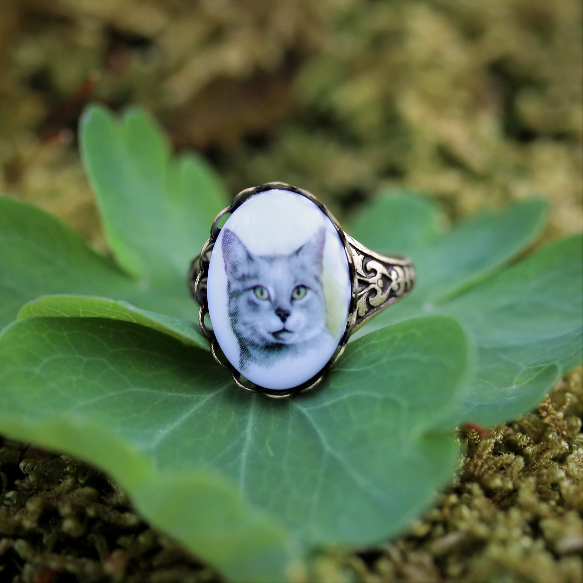 Vintage German Cameo Cat Ring in Antiqued Brass or Silver