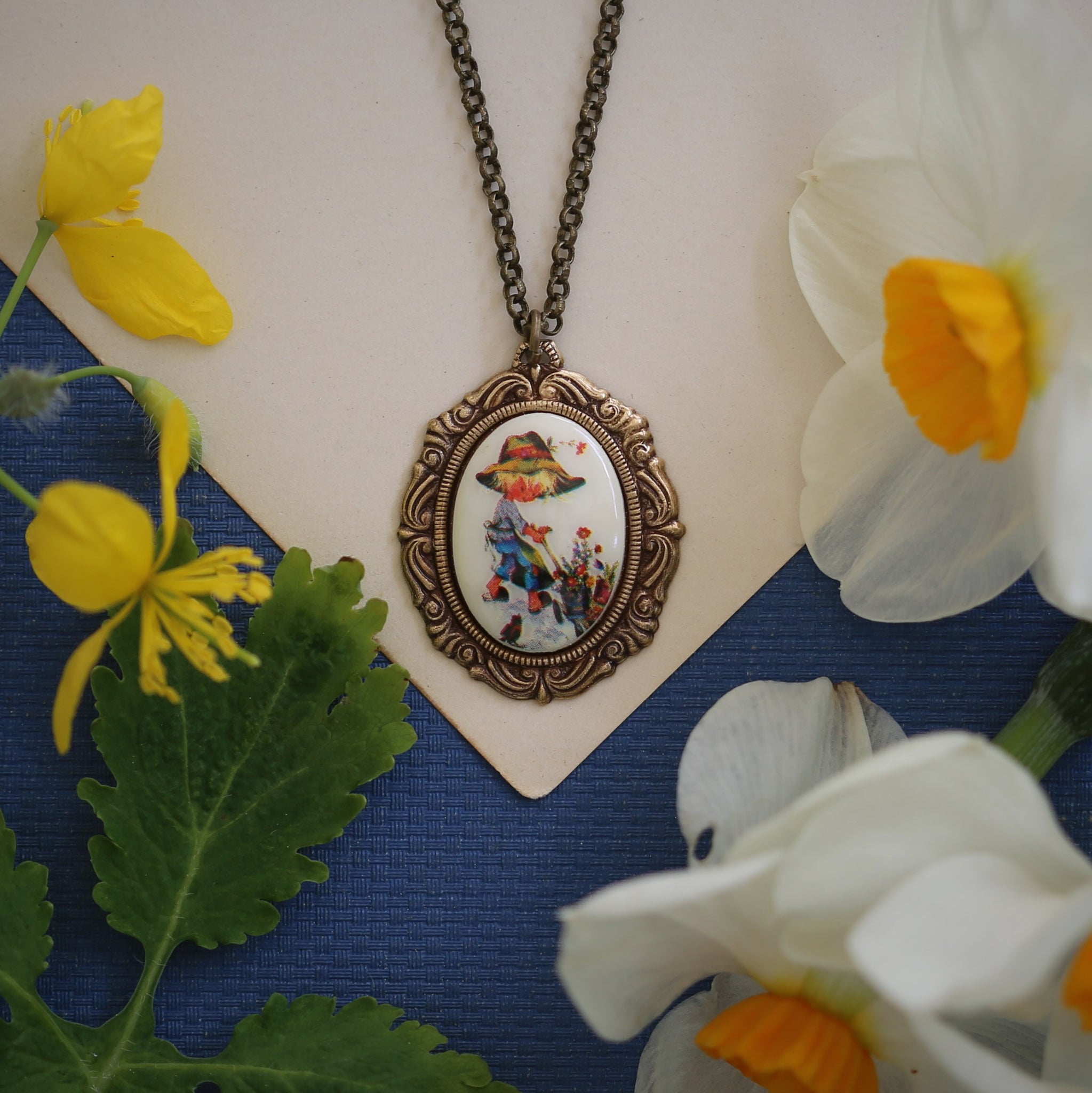 Vintage Holly Hobbie Girl Cameo Necklaces in Antiqued Brass or Silver - Choose a Character