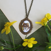 Orange and white tabby cat cameo vintage style antiqued brass necklace by ragtrader vintage.