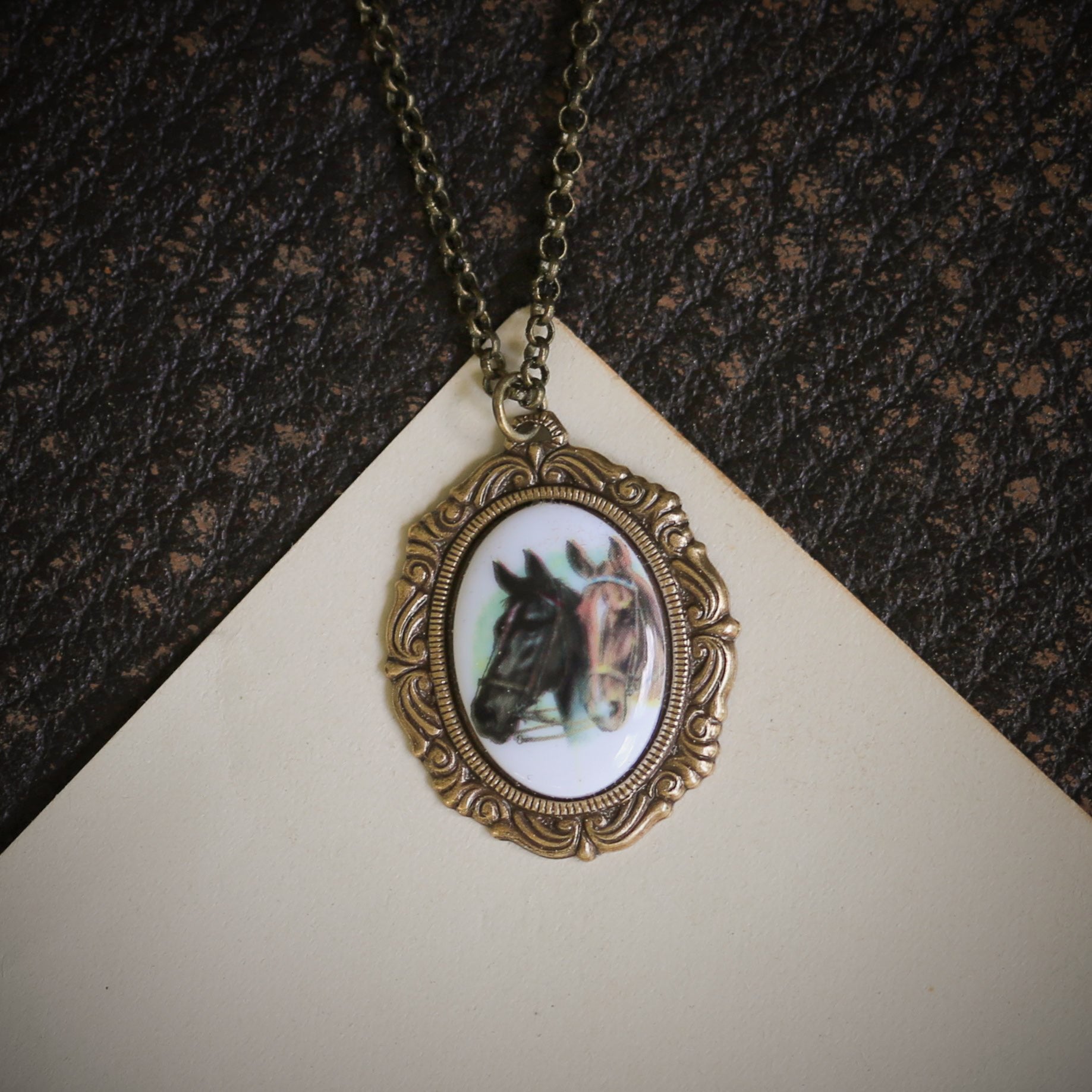 Vintage Horse Cameo Necklace in Antiqued Silver or Brass - Choose a Style