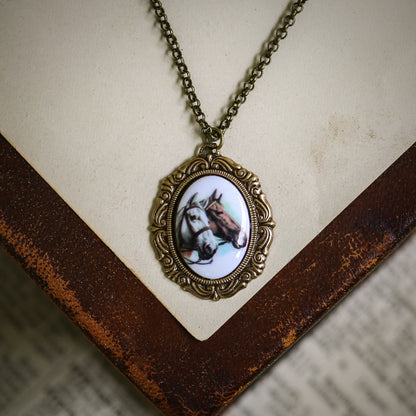 Vintage Horse Cameo Necklace in Antiqued Silver or Brass - Choose a Style