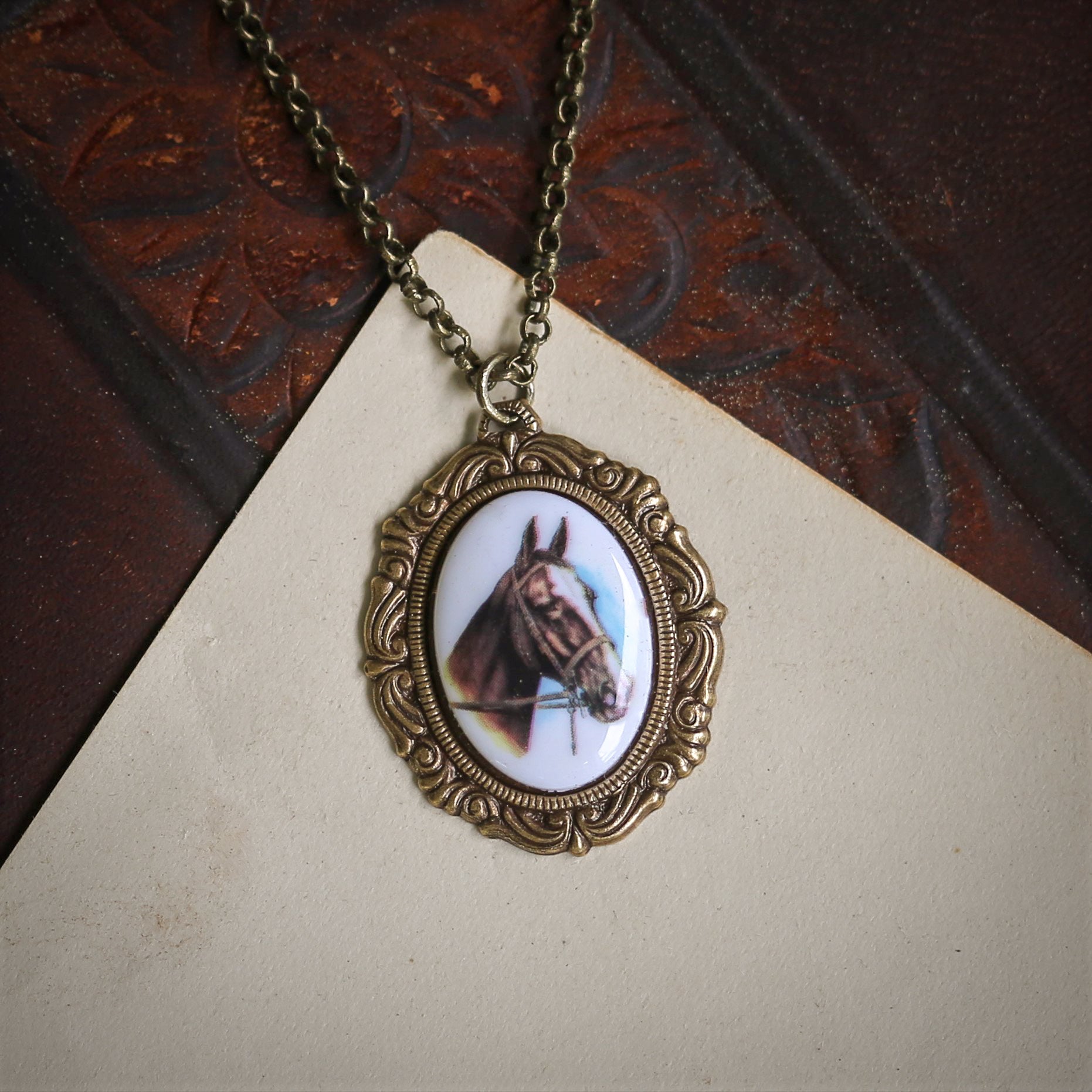 Vintage Horse Cameo Necklace in Antiqued Silver or Brass - Choose a Style