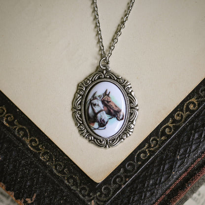 Vintage Horse Cameo Necklace in Antiqued Silver or Brass - Choose a Style