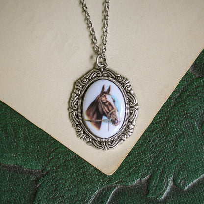 Vintage Horse Cameo Necklace in Antiqued Silver or Brass - Choose a Style