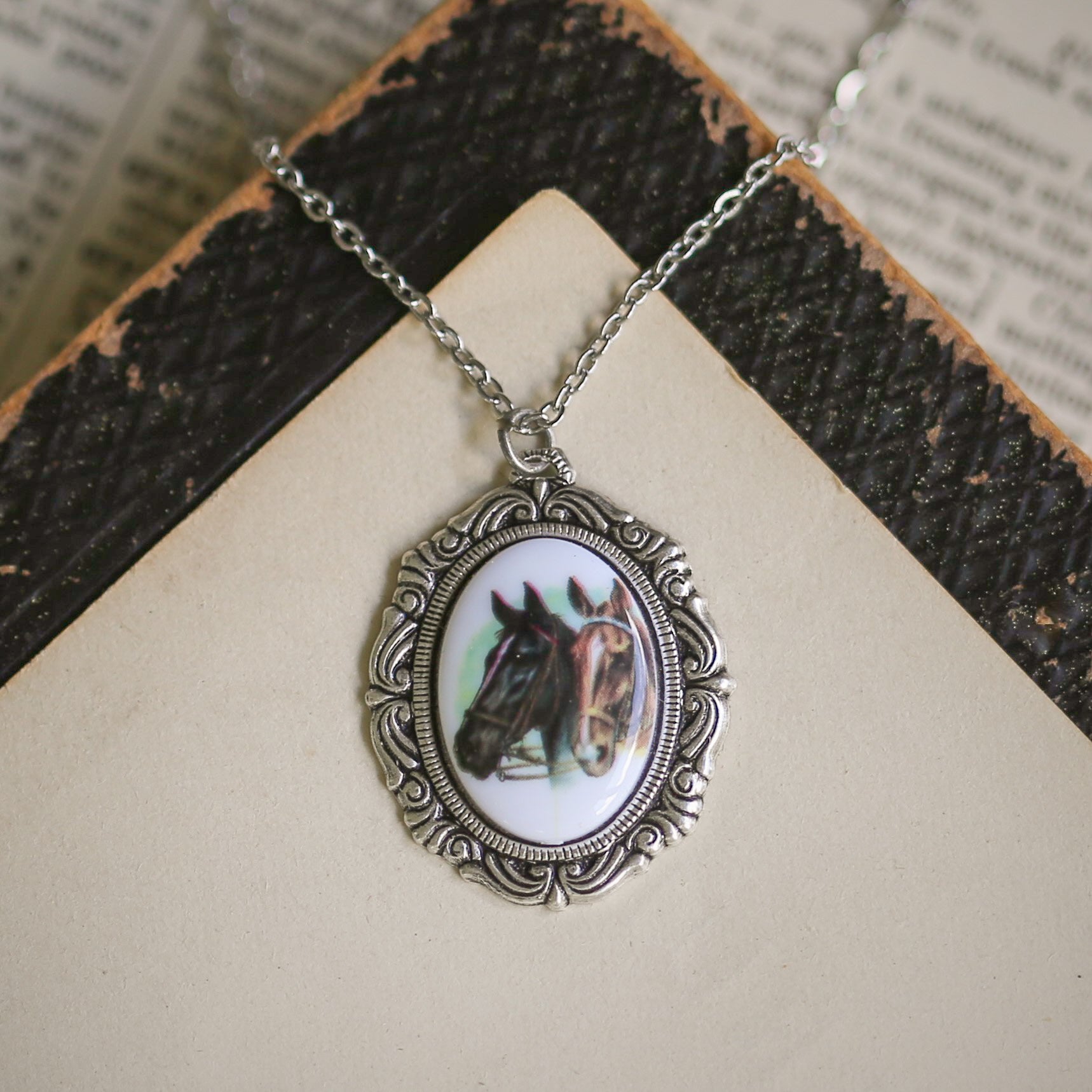 Vintage Horse Cameo Necklace in Antiqued Silver or Brass - Choose a Style