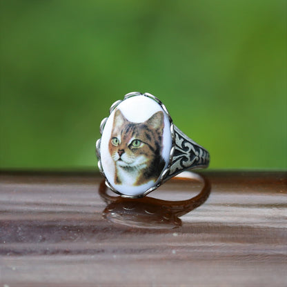 Vintage German Cameo Cat Ring in Antiqued Brass or Silver