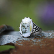 Vintage German Cameo Cat Ring in Antiqued Brass or Silver