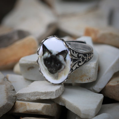 Vintage German Cameo Cat Ring in Antiqued Brass or Silver