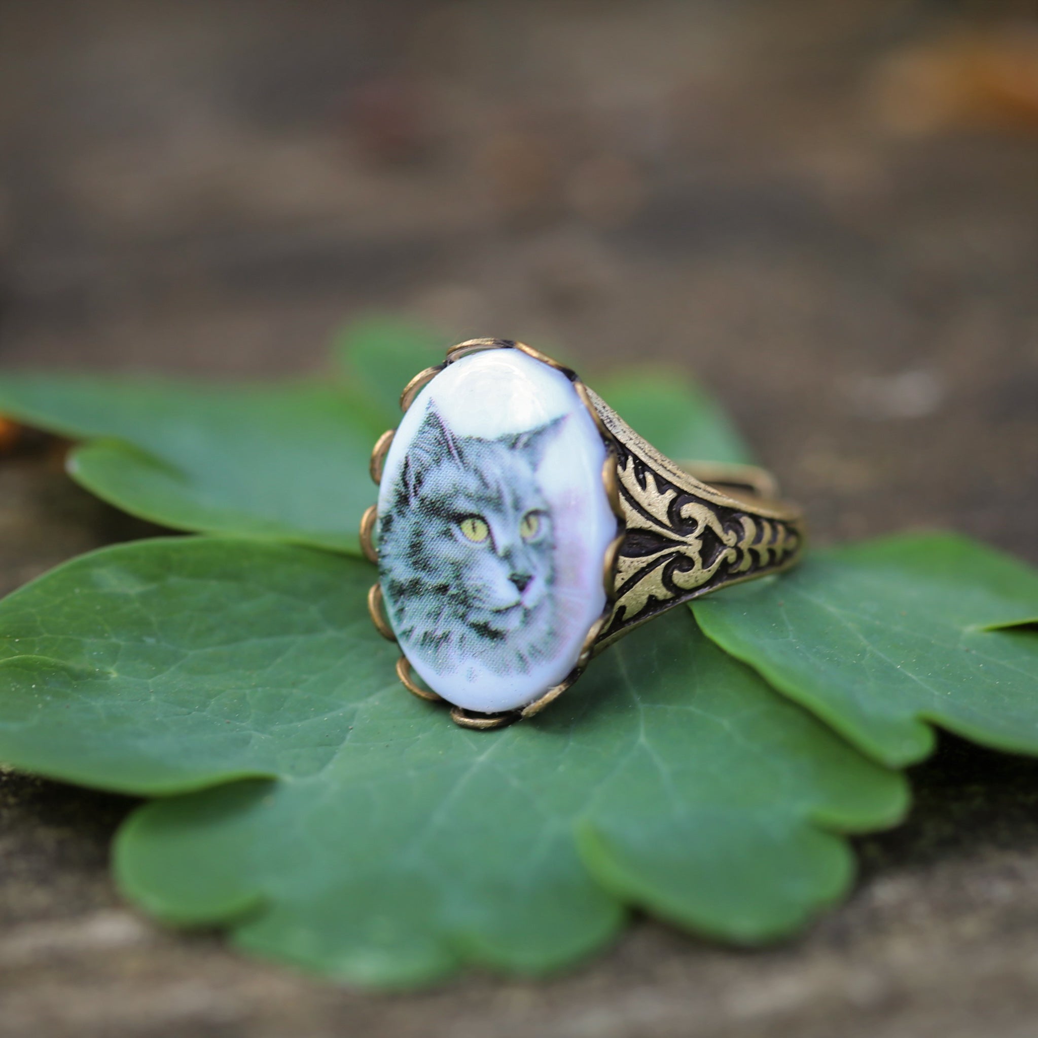 Vintage German Cameo Cat Ring in Antiqued Brass or Silver