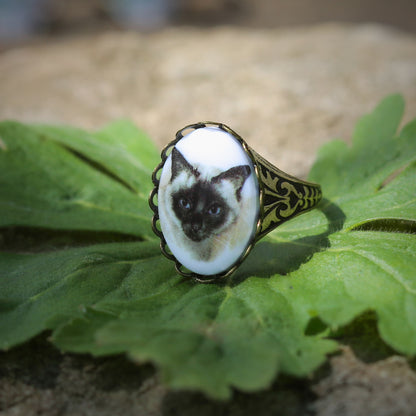 Vintage German Cameo Cat Ring in Antiqued Brass or Silver